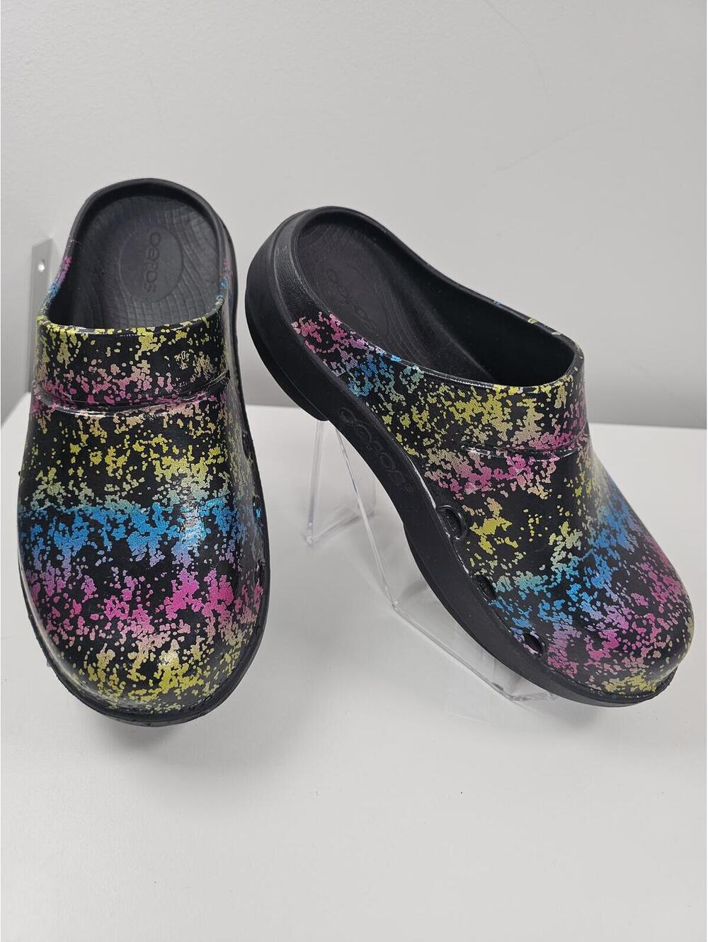 Oofos Black Clogs with Multicolor Splatter Pattern